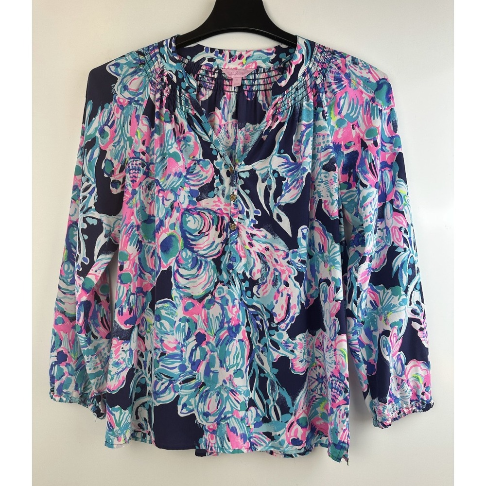 Lilly Pulitzer Elsa Silk Blouse Floral Pink Blue Top Womens Small Coastal Resort - Picture 2 of 14
